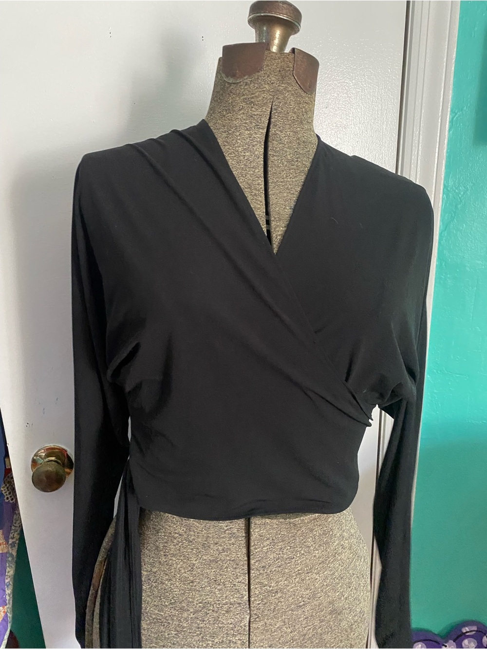 Vintage Y2K OMO Norma Kamali Black Wrap-Front Long Sleeve Top Size S/M 90s glam